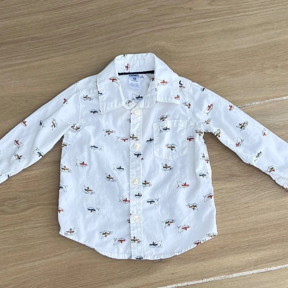 Carter's Size 18 Months Boys Button Down Shirt Bundle Navy & White Long Sleeves